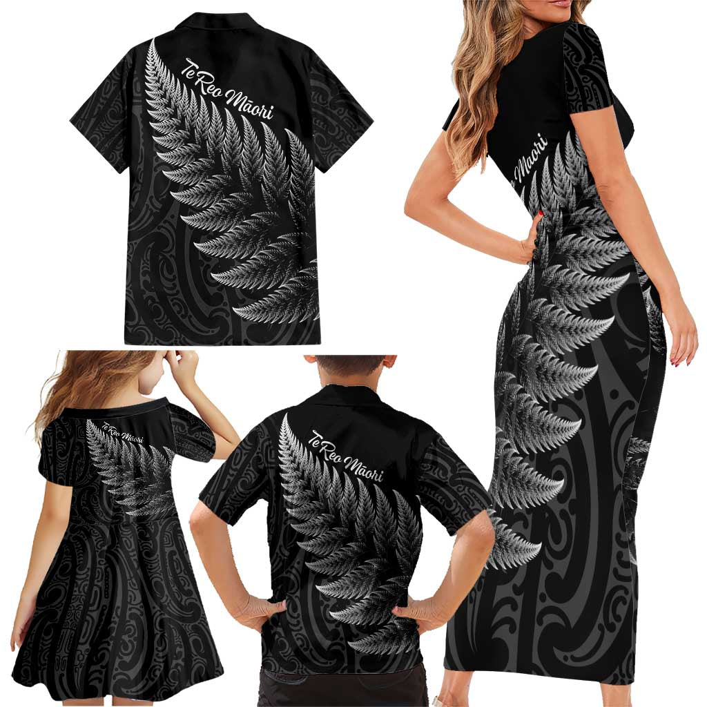 New Zealand Te Reo Mori Family Matching Short Sleeve Bodycon Dress and Hawaiian Shirt Simple Black Fern LT9 - Polynesian Pride