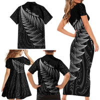 New Zealand Te Reo Mori Family Matching Short Sleeve Bodycon Dress and Hawaiian Shirt Simple Black Fern LT9 - Polynesian Pride