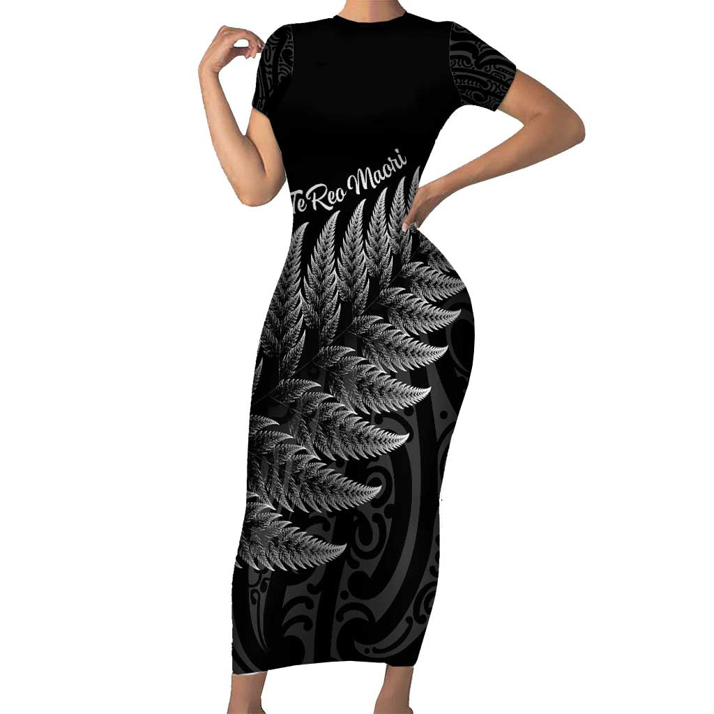 New Zealand Te Reo Mori Family Matching Short Sleeve Bodycon Dress and Hawaiian Shirt Simple Black Fern LT9 Mom's Dress Black - Polynesian Pride