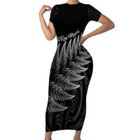 New Zealand Te Reo Mori Family Matching Short Sleeve Bodycon Dress and Hawaiian Shirt Simple Black Fern LT9 Mom's Dress Black - Polynesian Pride