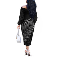 New Zealand Te Reo Māori Off The Shoulder Long Sleeve Dress Simple Black Fern
