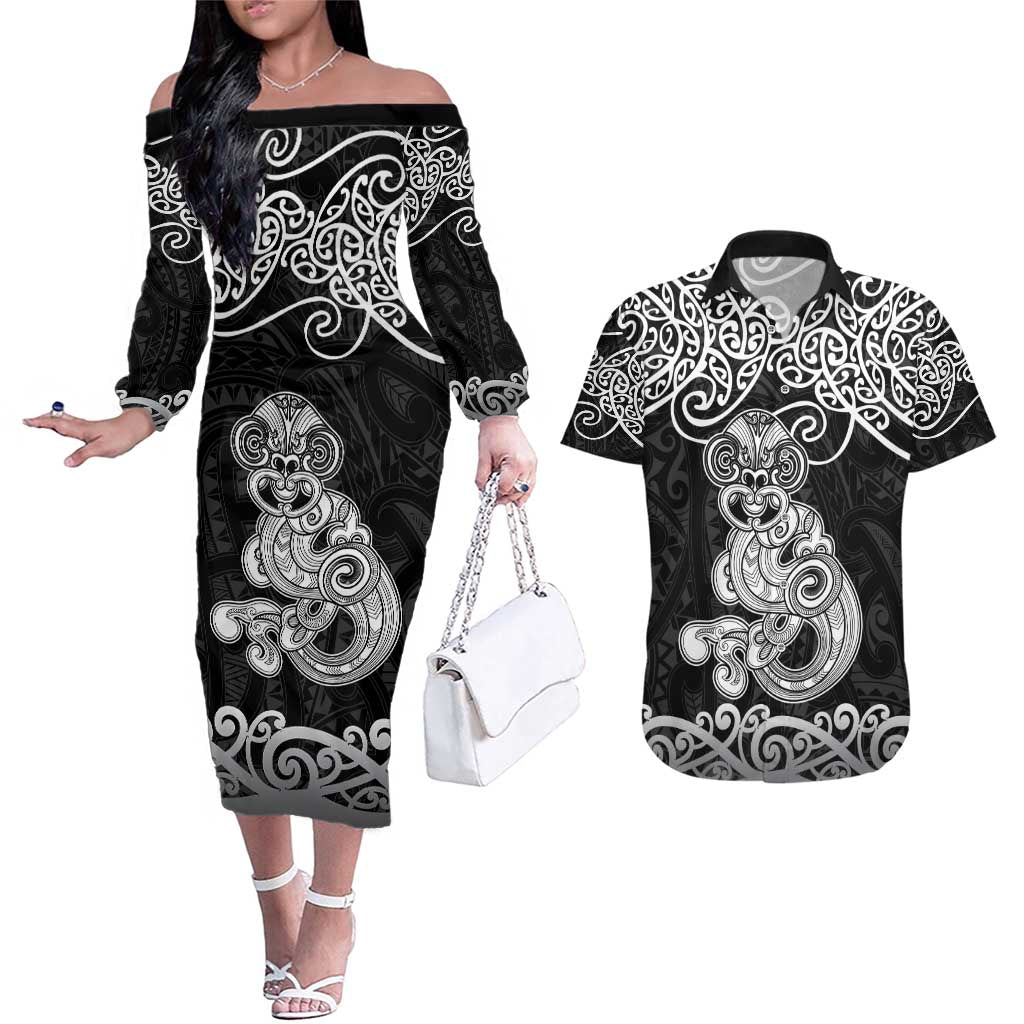 Te Reo Maori Tiki Inspired Art Couples Matching Off The Shoulder Long Sleeve Dress and Hawaiian Shirt