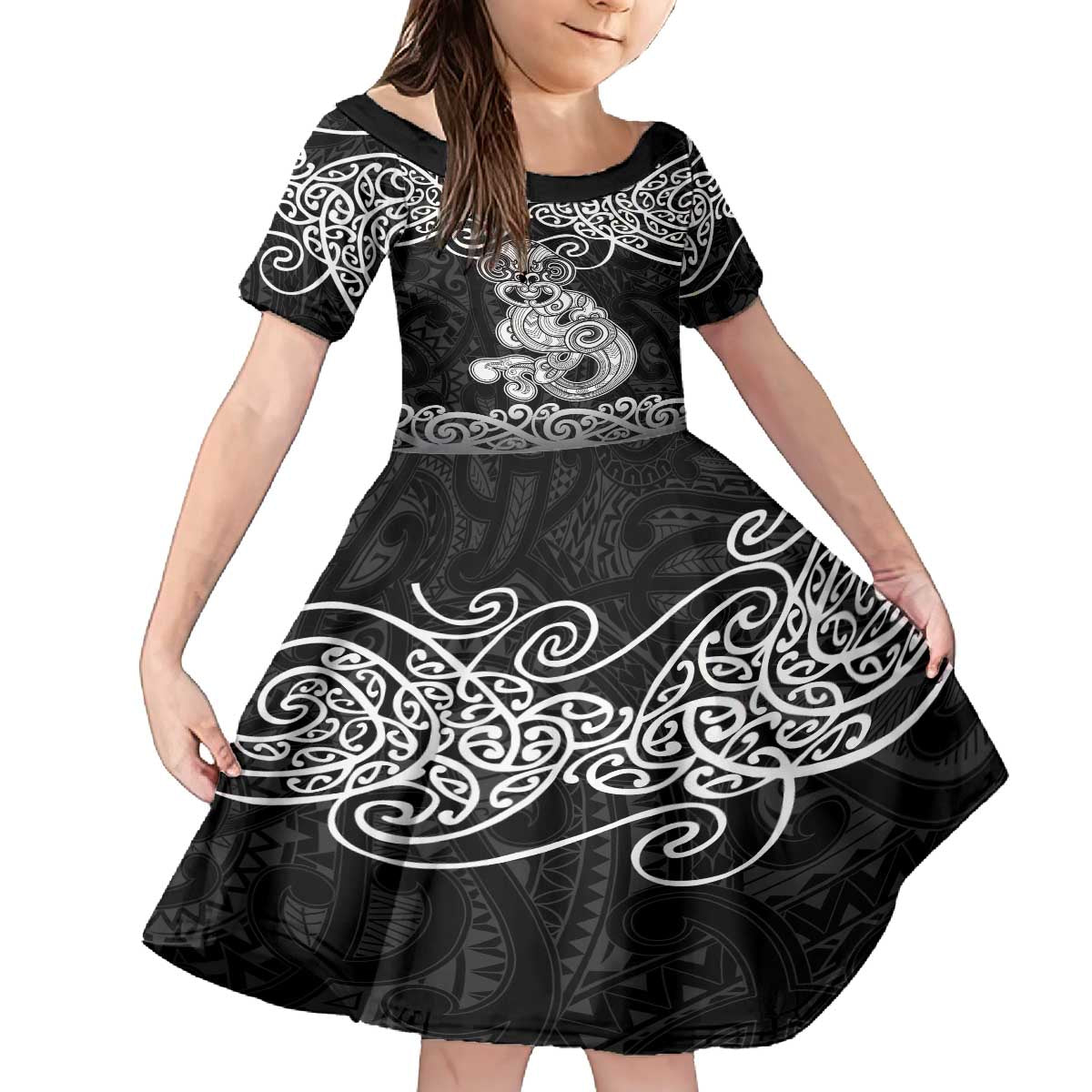 Te Reo Maori Tiki Inspired Art Family Matching Off The Shoulder Long Sleeve Dress and Hawaiian Shirt LT9 Daughter's Dress Black - Polynesian Pride