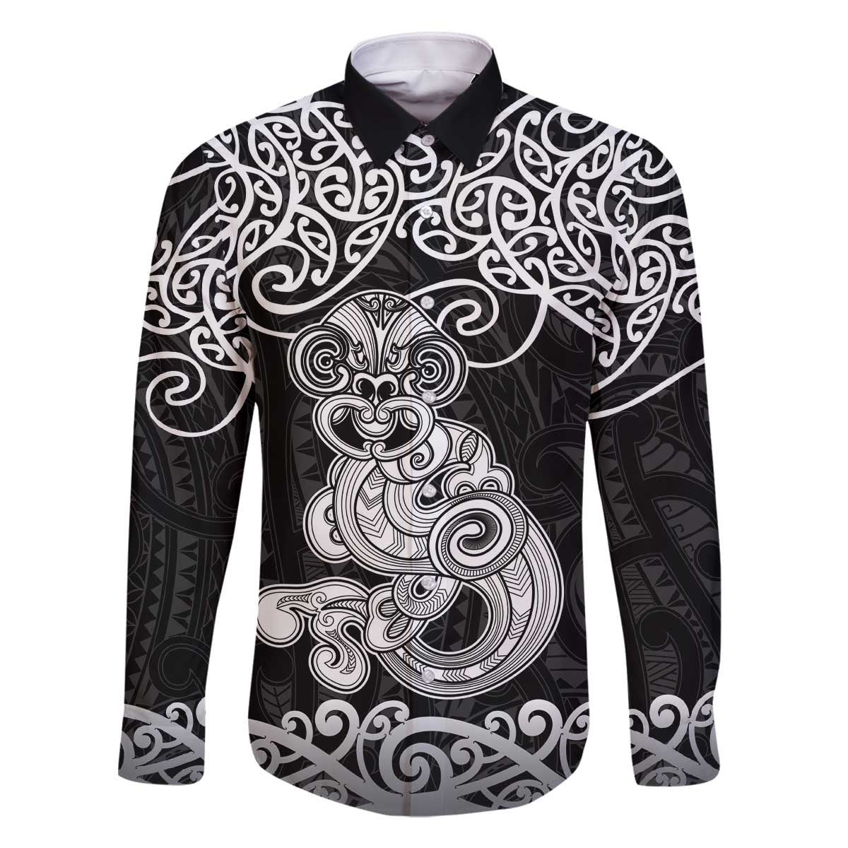 Te Reo Maori Tiki Inspired Art Family Matching Off The Shoulder Long Sleeve Dress and Hawaiian Shirt LT9 Dad's Shirt - Long Sleeve Black - Polynesian Pride