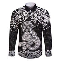 Te Reo Maori Tiki Inspired Art Family Matching Off The Shoulder Long Sleeve Dress and Hawaiian Shirt LT9 Dad's Shirt - Long Sleeve Black - Polynesian Pride