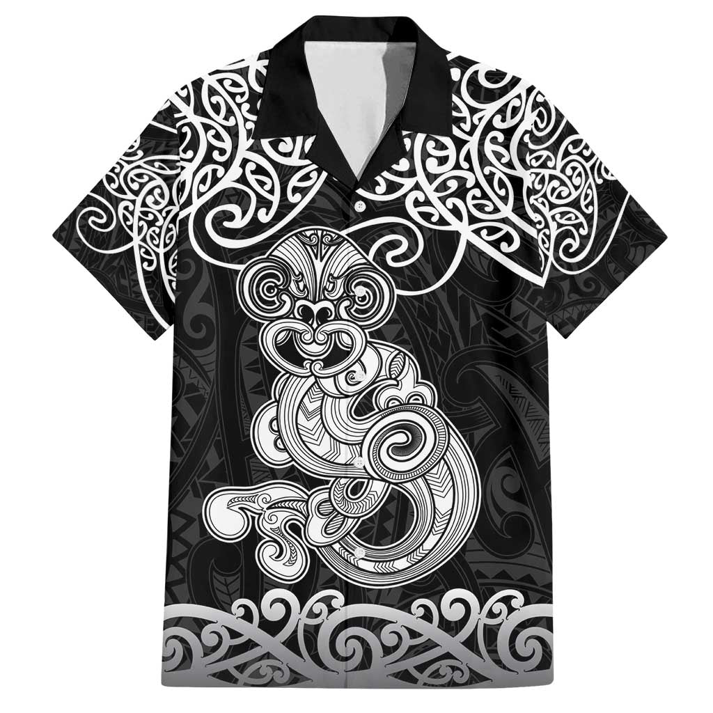 Te Reo Maori Tiki Inspired Art Family Matching Off Shoulder Maxi Dress and Hawaiian Shirt LT9 Dad's Shirt - Short Sleeve Black - Polynesian Pride