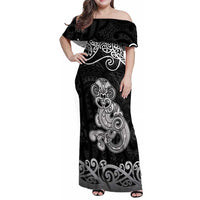 Te Reo Maori Tiki Inspired Art Family Matching Off Shoulder Maxi Dress and Hawaiian Shirt LT9 Mom's Dress Black - Polynesian Pride