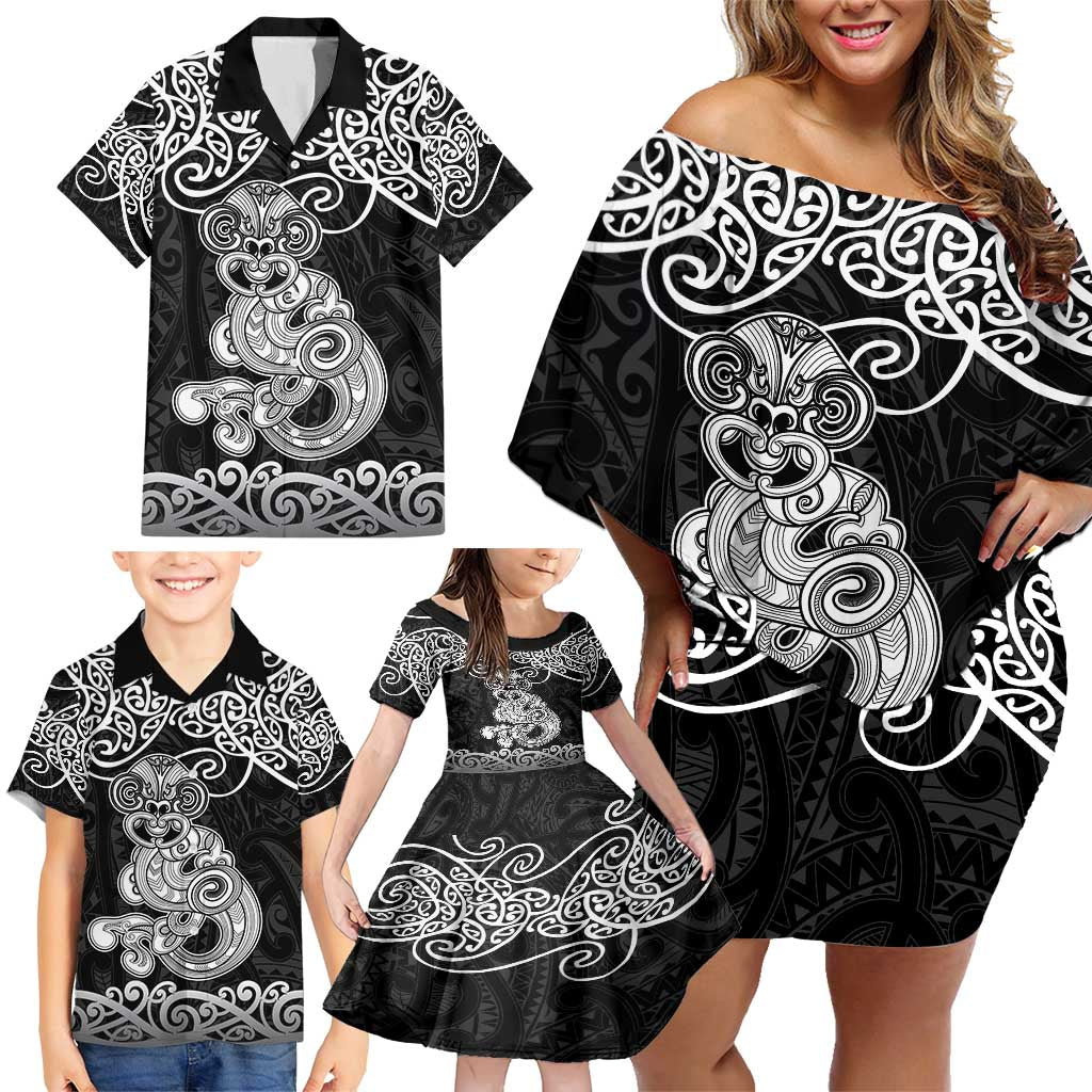Te Reo Maori Tiki Inspired Art Family Matching Off Shoulder Short Dress and Hawaiian Shirt LT9 - Polynesian Pride
