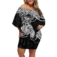 Te Reo Maori Tiki Inspired Art Family Matching Off Shoulder Short Dress and Hawaiian Shirt LT9 Mom's Dress Black - Polynesian Pride