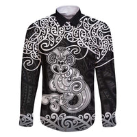 Te Reo Maori Tiki Inspired Art Family Matching Summer Maxi Dress and Hawaiian Shirt LT9 Dad's Shirt - Long Sleeve Black - Polynesian Pride