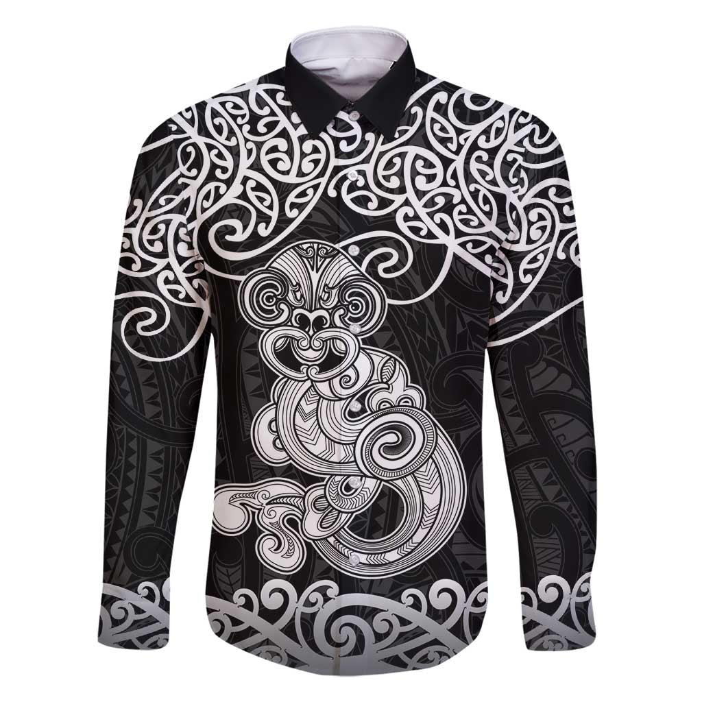 Te Reo Maori Tiki Inspired Art Family Matching Tank Maxi Dress and Hawaiian Shirt LT9 Dad's Shirt - Long Sleeve Black - Polynesian Pride