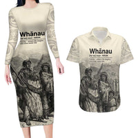 Whanau Maori Language Couples Matching Long Sleeve Bodycon Dress and Hawaiian Shirt Te Reo Maori Inspired Art LT9 Nude - Polynesian Pride