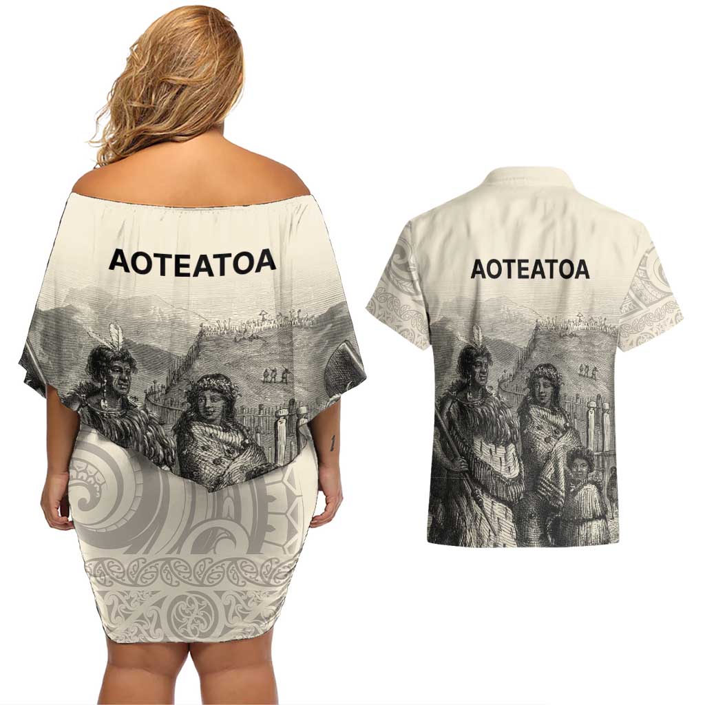 Whanau Maori Language Couples Matching Off Shoulder Short Dress and Hawaiian Shirt Te Reo Maori Inspired Art