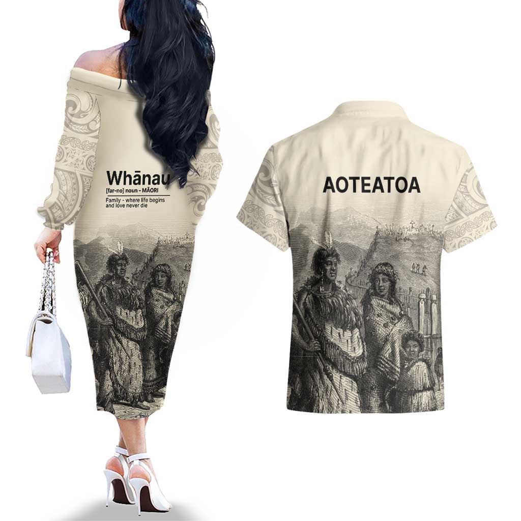 Whanau Maori Language Couples Matching Off The Shoulder Long Sleeve Dress and Hawaiian Shirt Te Reo Maori Inspired Art LT9 - Polynesian Pride