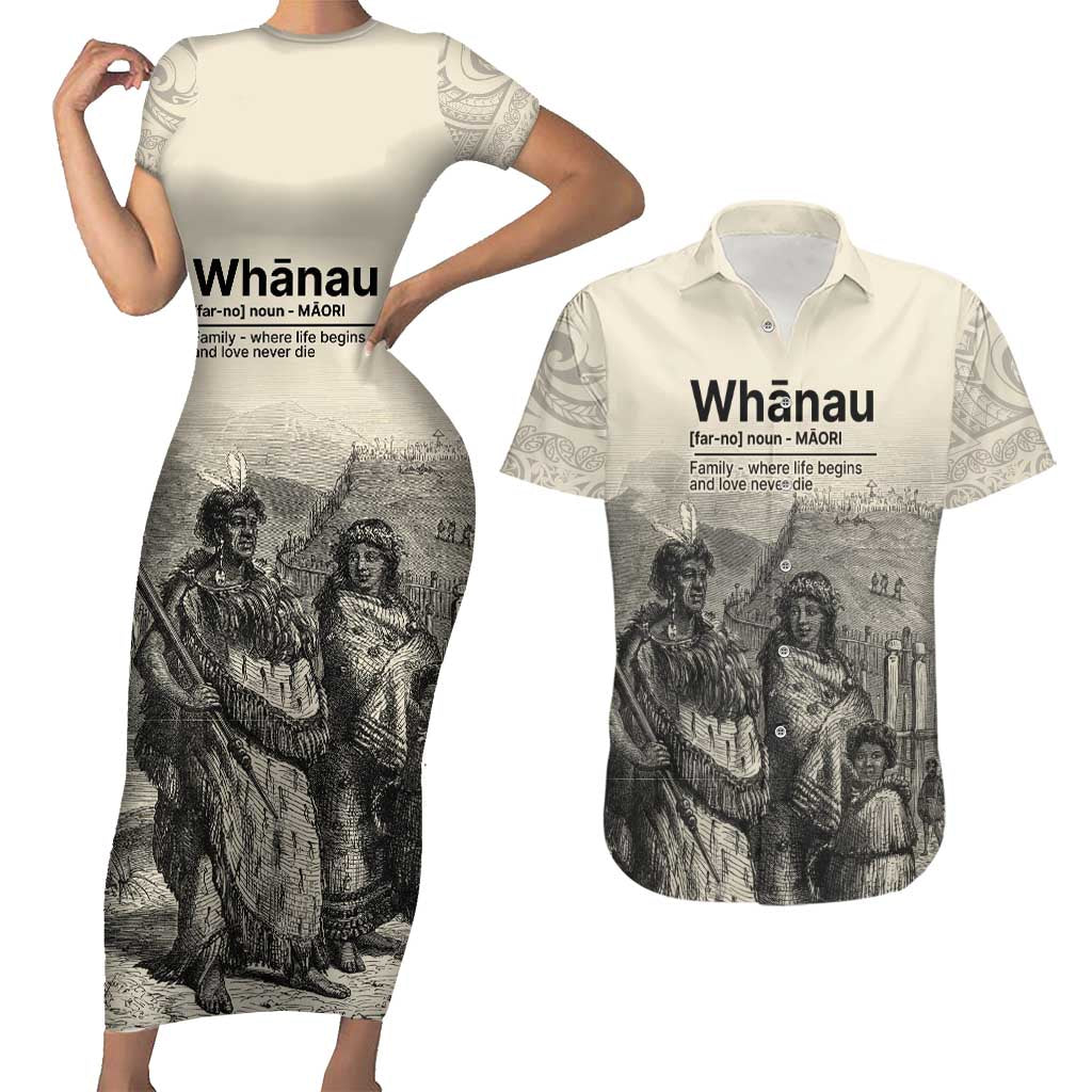 Whanau Maori Language Couples Matching Short Sleeve Bodycon Dress and Hawaiian Shirt Te Reo Maori Inspired Art LT9 Nude - Polynesian Pride