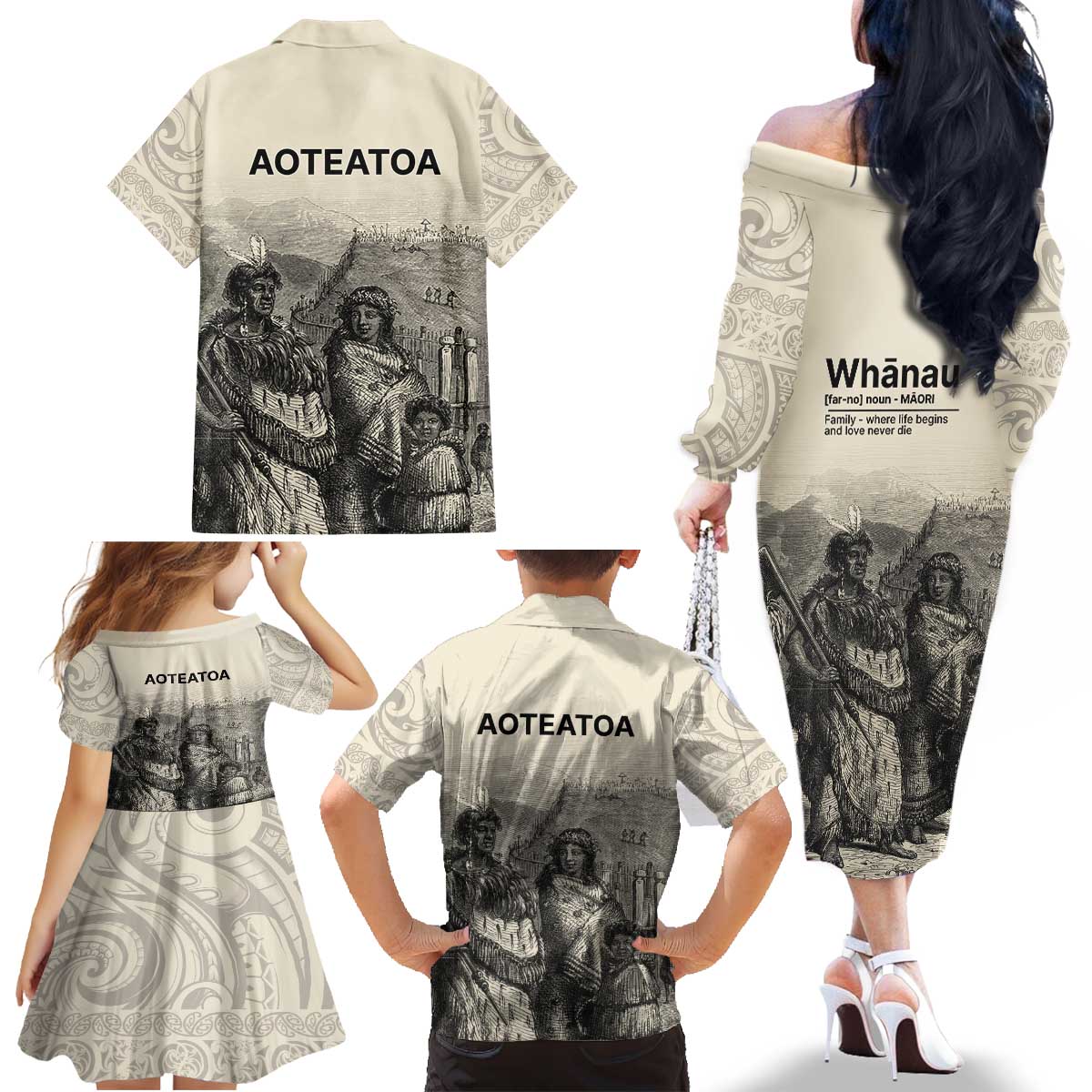 Whanau Maori Language Family Matching Off The Shoulder Long Sleeve Dress and Hawaiian Shirt Te Reo Maori Inspired Art LT9 - Polynesian Pride