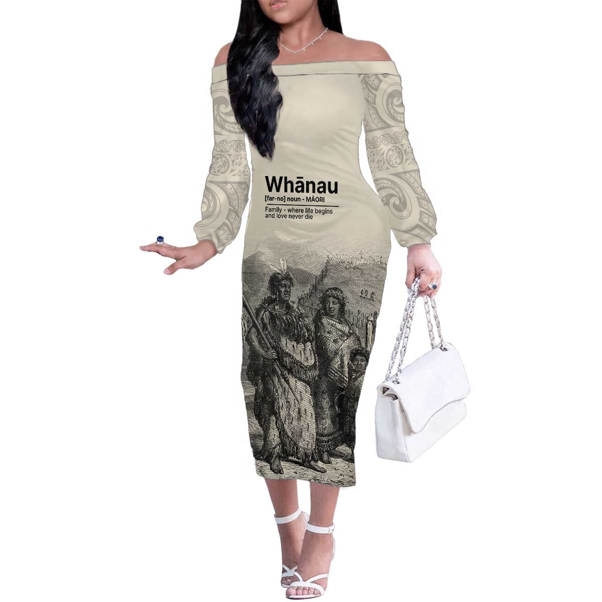 Whanau Maori Language Family Matching Off The Shoulder Long Sleeve Dress and Hawaiian Shirt Te Reo Maori Inspired Art LT9 Mom's Dress Nude - Polynesian Pride