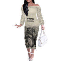 Whanau Maori Language Family Matching Off The Shoulder Long Sleeve Dress and Hawaiian Shirt Te Reo Maori Inspired Art LT9 Mom's Dress Nude - Polynesian Pride