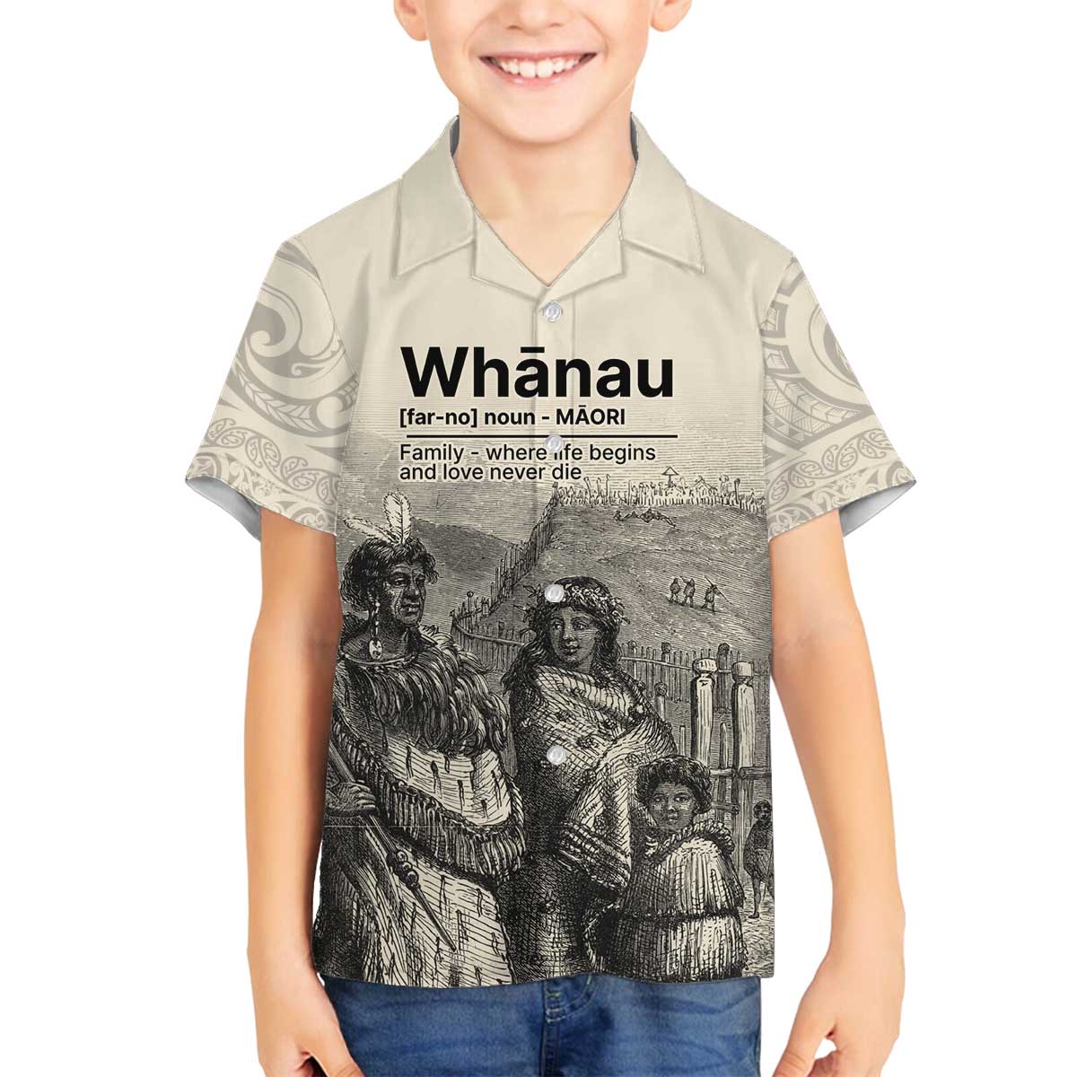 Whanau Maori Language Family Matching Off The Shoulder Long Sleeve Dress and Hawaiian Shirt Te Reo Maori Inspired Art LT9 Son's Shirt Nude - Polynesian Pride