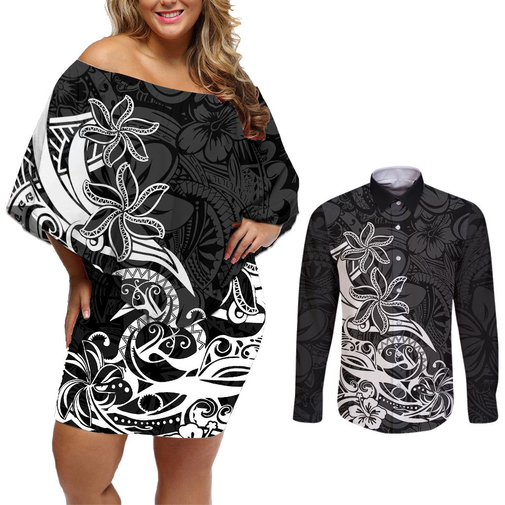 Polynesian Sunset Plumeria Couples Matching Off Shoulder Short Dress and Long Sleeve Button Shirts Pacific Island Tribal Black Style LT9 Black - Polynesian Pride