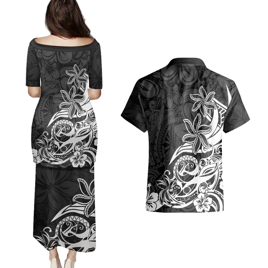Polynesian Sunset Plumeria Couples Matching Puletasi Dress and Hawaiian Shirt Pacific Island Tribal Black Style LT9 - Polynesian Pride