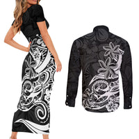 Polynesian Sunset Plumeria Couples Matching Short Sleeve Bodycon Dress and Long Sleeve Button Shirts Pacific Island Tribal Black Style LT9 - Polynesian Pride