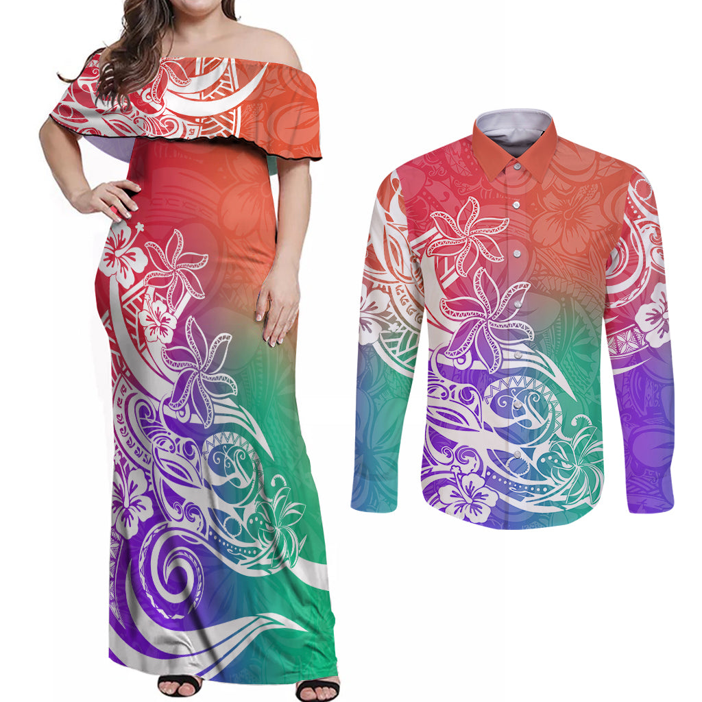 Polynesian Sunset Plumeria Couples Matching Off Shoulder Maxi Dress and Long Sleeve Button Shirts Pacific Island Tribal Blossom Style LT9 Blossom - Polynesian Pride