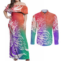 Polynesian Sunset Plumeria Couples Matching Off Shoulder Maxi Dress and Long Sleeve Button Shirts Pacific Island Tribal Blossom Style LT9 Blossom - Polynesian Pride