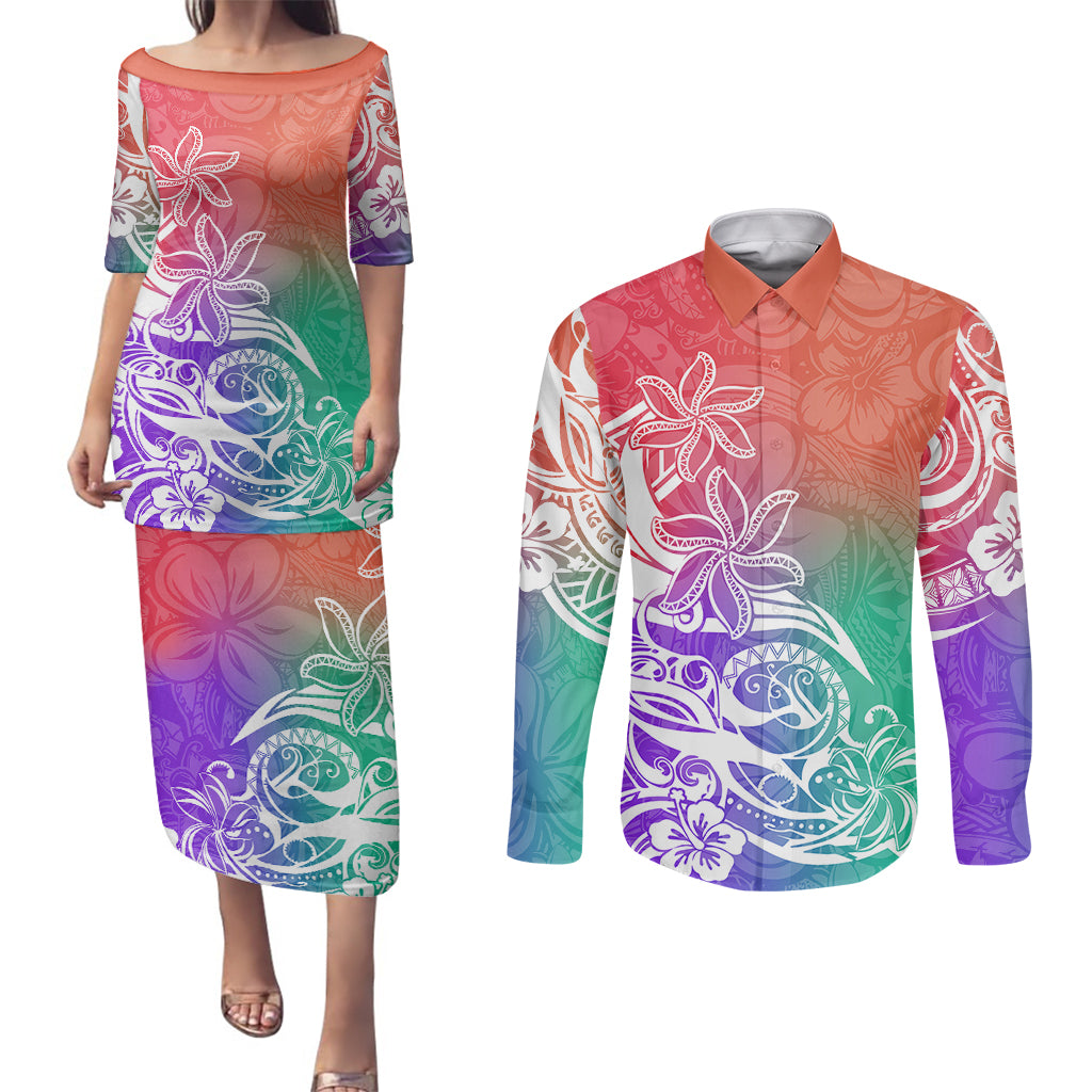 Polynesian Sunset Plumeria Couples Matching Puletasi Dress and Long Sleeve Button Shirts Pacific Island Tribal Blossom Style LT9 Blossom - Polynesian Pride