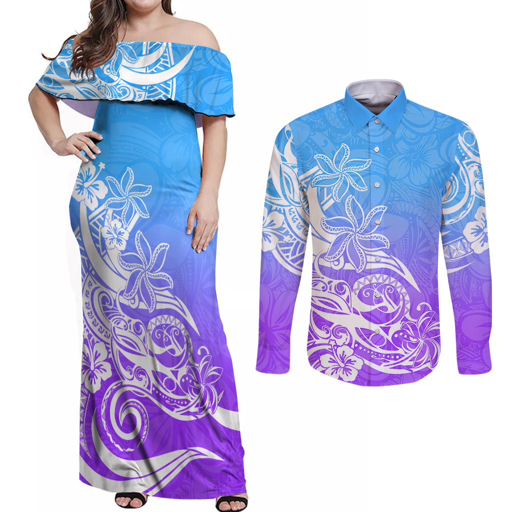Polynesian Sunset Plumeria Couples Matching Off Shoulder Maxi Dress and Long Sleeve Button Shirts Pacific Island Tribal Blue Style LT9 Blue - Polynesian Pride