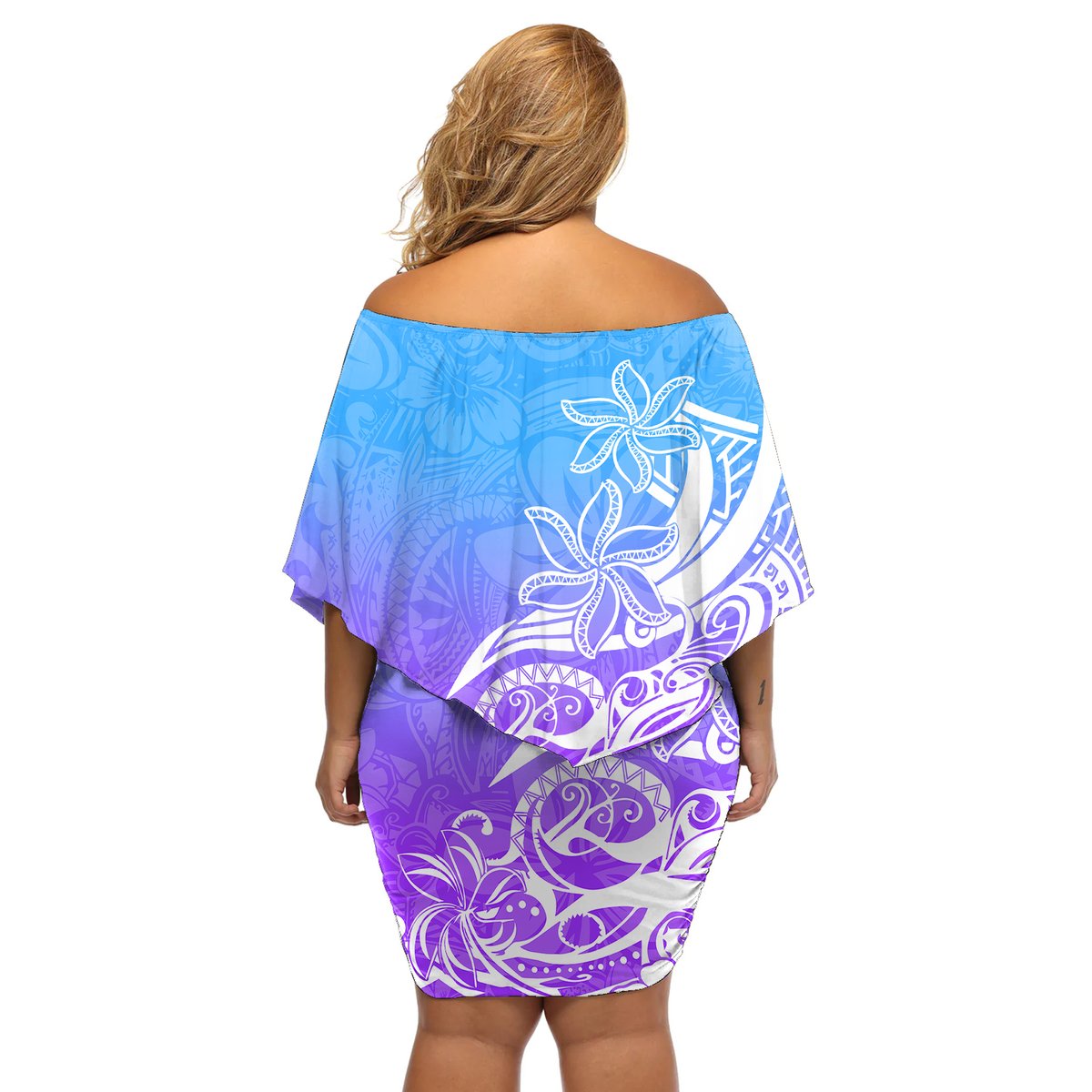 Polynesian Sunset Plumeria Off Shoulder Short Dress Pacific Island Tribal Blue Style LT9 - Polynesian Pride
