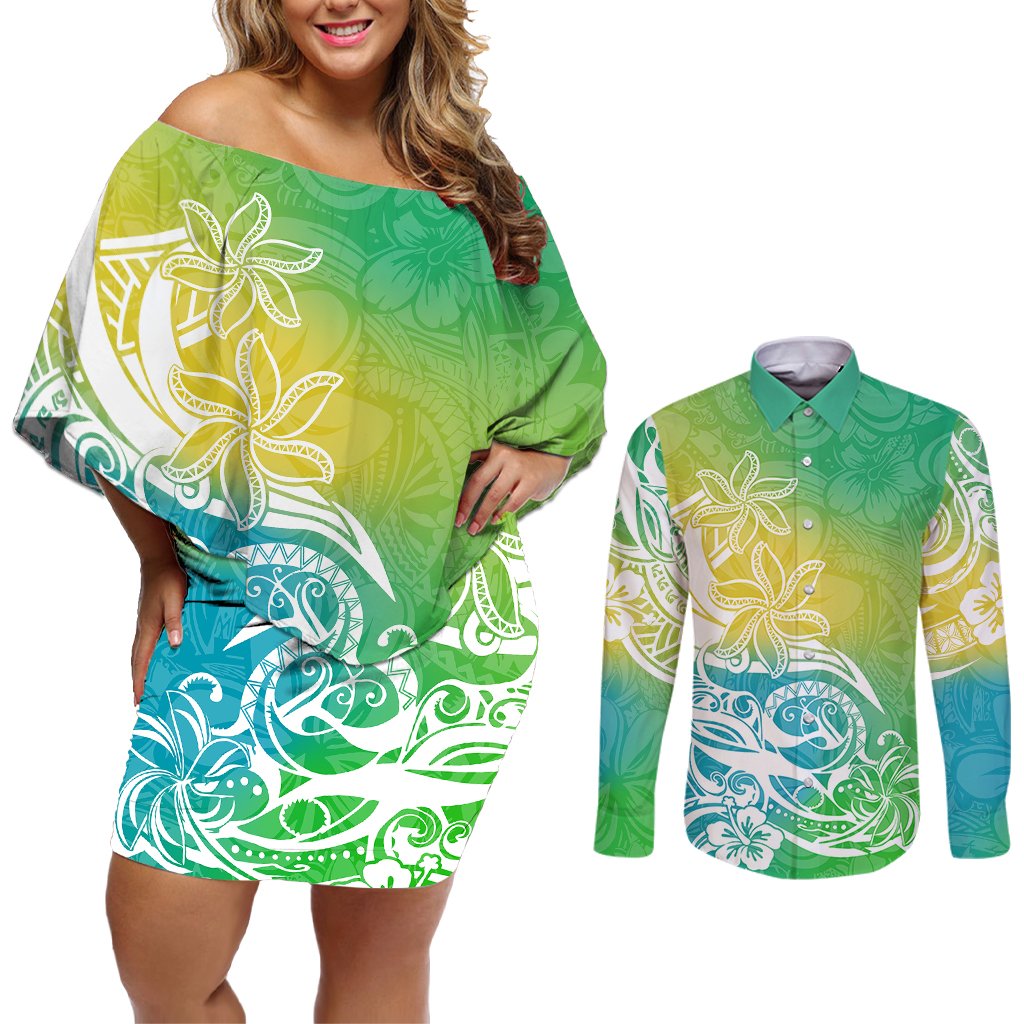 Polynesian Sunset Plumeria Couples Matching Off Shoulder Short Dress and Long Sleeve Button Shirts Pacific Island Tribal Green Style LT9 Green - Polynesian Pride