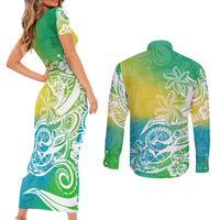 Polynesian Sunset Plumeria Couples Matching Short Sleeve Bodycon Dress and Long Sleeve Button Shirts Pacific Island Tribal Green Style LT9 - Polynesian Pride