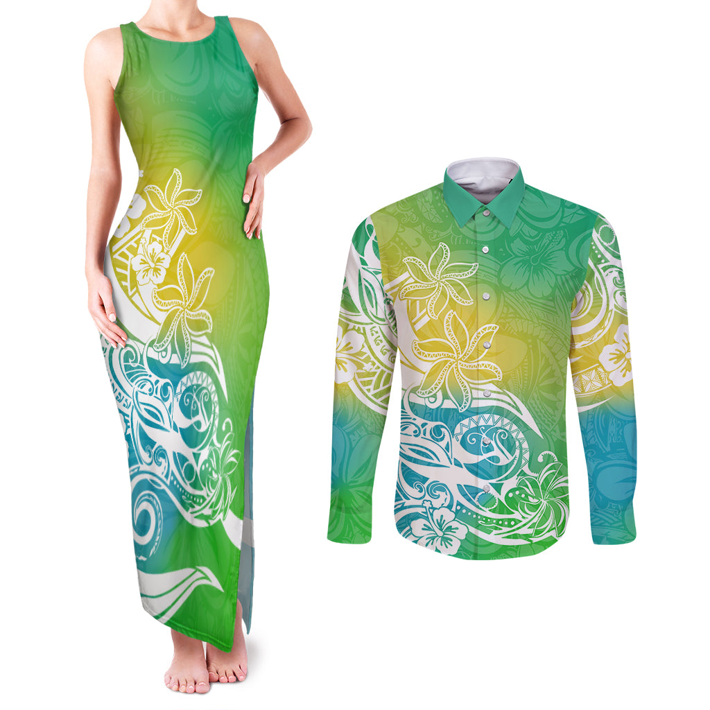 Polynesian Sunset Plumeria Couples Matching Tank Maxi Dress and Long Sleeve Button Shirts Pacific Island Tribal Green Style LT9 Green - Polynesian Pride