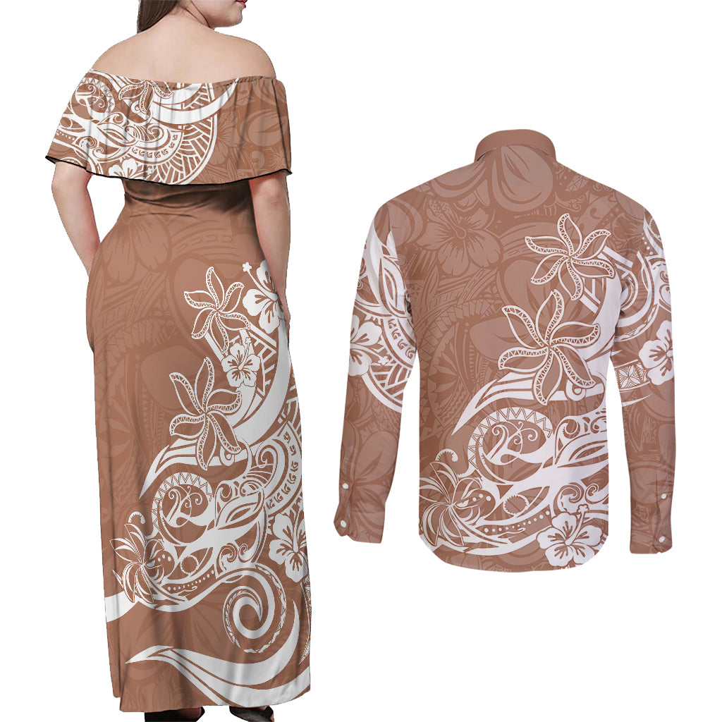 Polynesian Sunset Plumeria Couples Matching Off Shoulder Maxi Dress and Long Sleeve Button Shirts Pacific Island Tribal Nude Style LT9 - Polynesian Pride