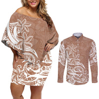 Polynesian Sunset Plumeria Couples Matching Off Shoulder Short Dress and Long Sleeve Button Shirts Pacific Island Tribal Nude Style LT9 Nude - Polynesian Pride