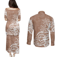 Polynesian Sunset Plumeria Couples Matching Puletasi Dress and Long Sleeve Button Shirts Pacific Island Tribal Nude Style LT9 - Polynesian Pride