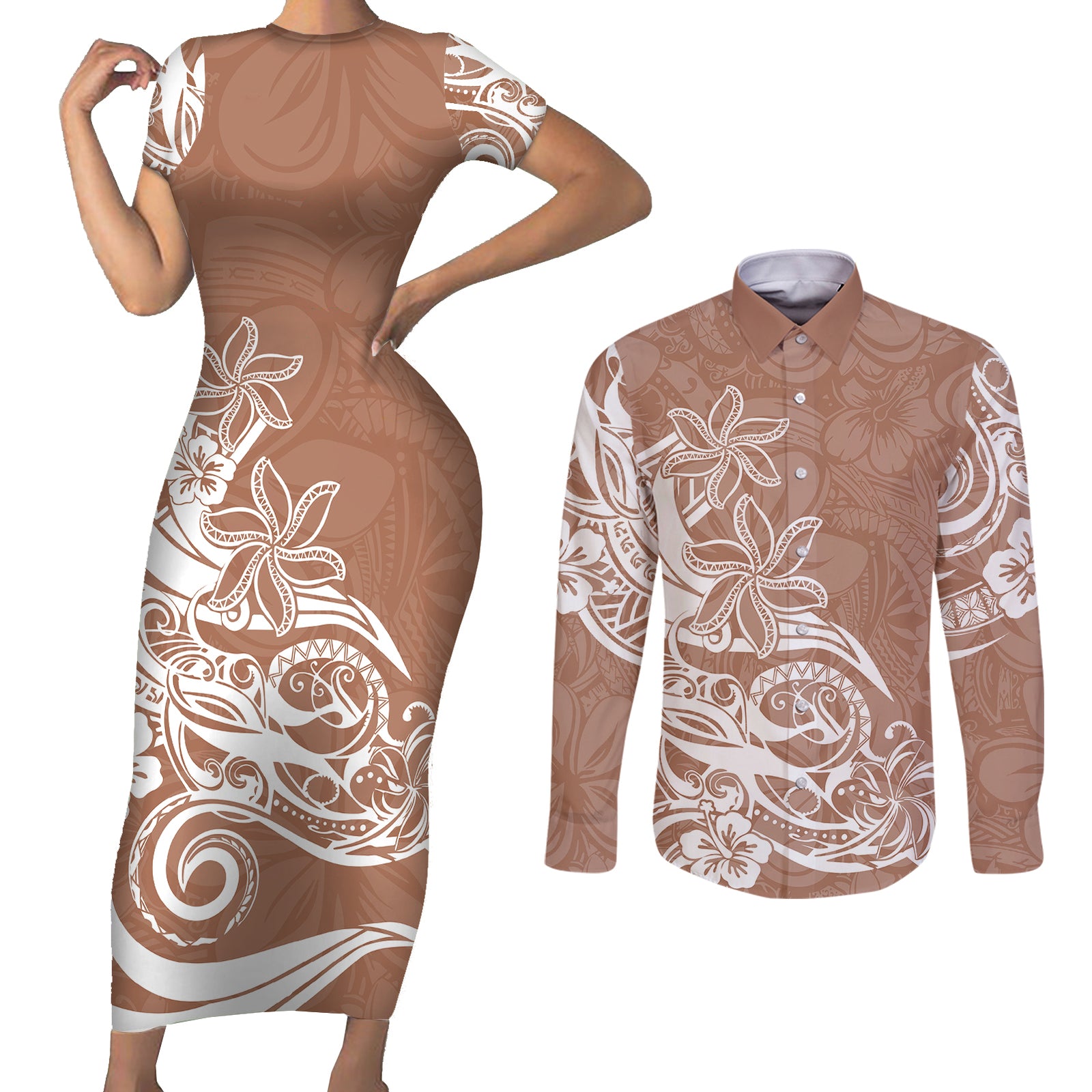 Polynesian Sunset Plumeria Couples Matching Short Sleeve Bodycon Dress and Long Sleeve Button Shirts Pacific Island Tribal Nude Style LT9 Nude - Polynesian Pride