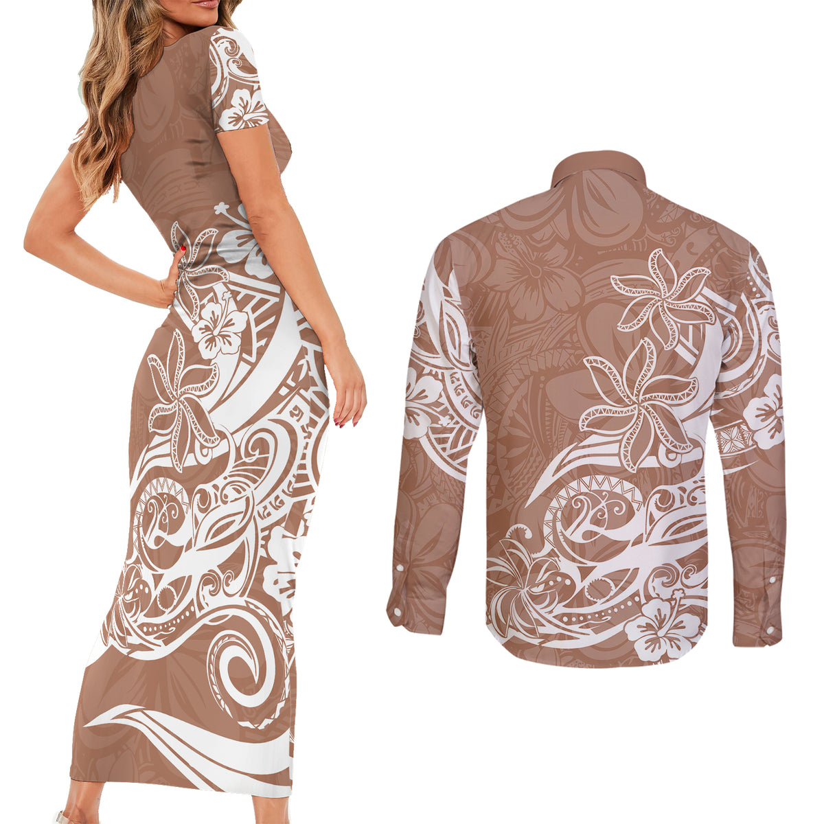 Polynesian Sunset Plumeria Couples Matching Short Sleeve Bodycon Dress and Long Sleeve Button Shirts Pacific Island Tribal Nude Style LT9 - Polynesian Pride