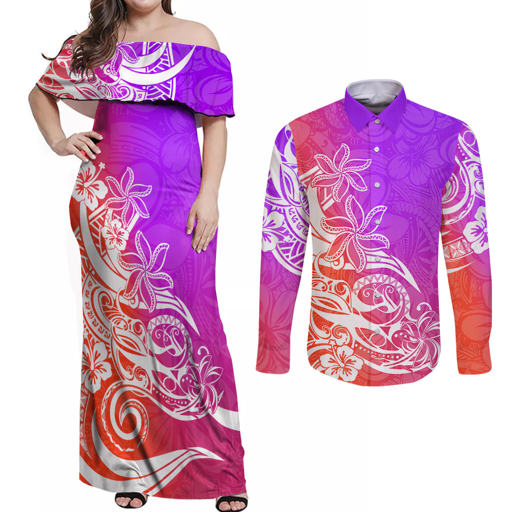 Polynesian Sunset Plumeria Couples Matching Off Shoulder Maxi Dress and Long Sleeve Button Shirts Pacific Island Tribal Purple Style LT9 Purple - Polynesian Pride