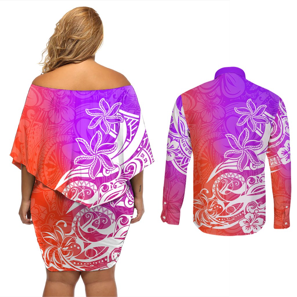 Polynesian Sunset Plumeria Couples Matching Off Shoulder Short Dress and Long Sleeve Button Shirts Pacific Island Tribal Purple Style LT9 - Polynesian Pride