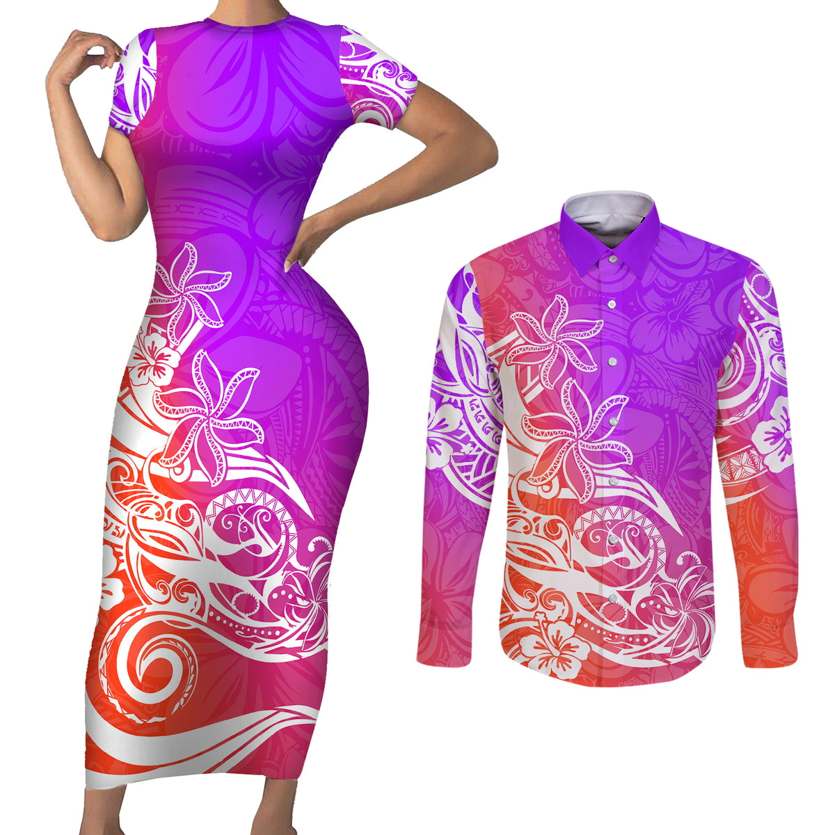 Polynesian Sunset Plumeria Couples Matching Short Sleeve Bodycon Dress and Long Sleeve Button Shirts Pacific Island Tribal Purple Style LT9 Purple - Polynesian Pride