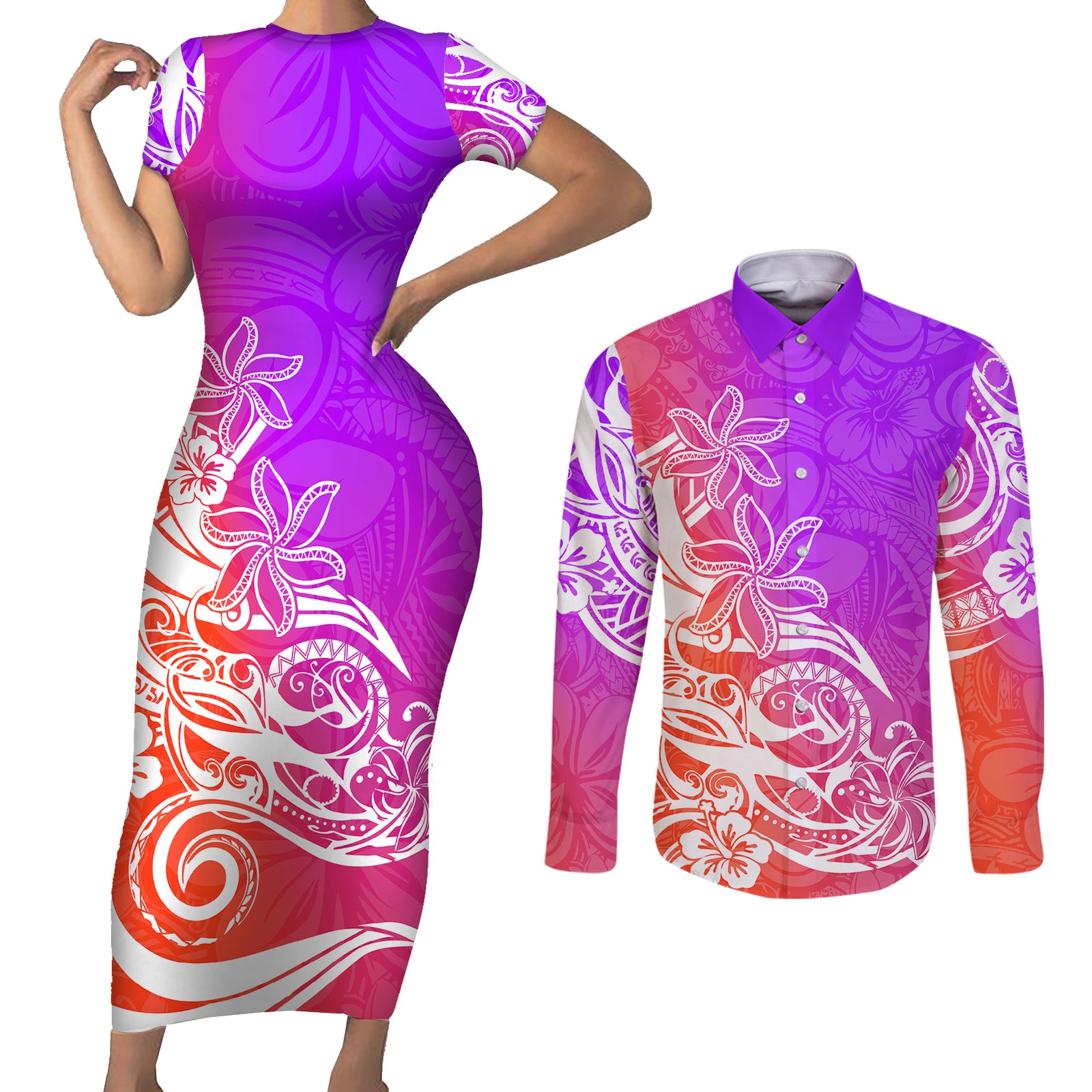 Polynesian Sunset Plumeria Couples Matching Short Sleeve Bodycon Dress and Long Sleeve Button Shirts Pacific Island Tribal Purple Style LT9 Purple - Polynesian Pride