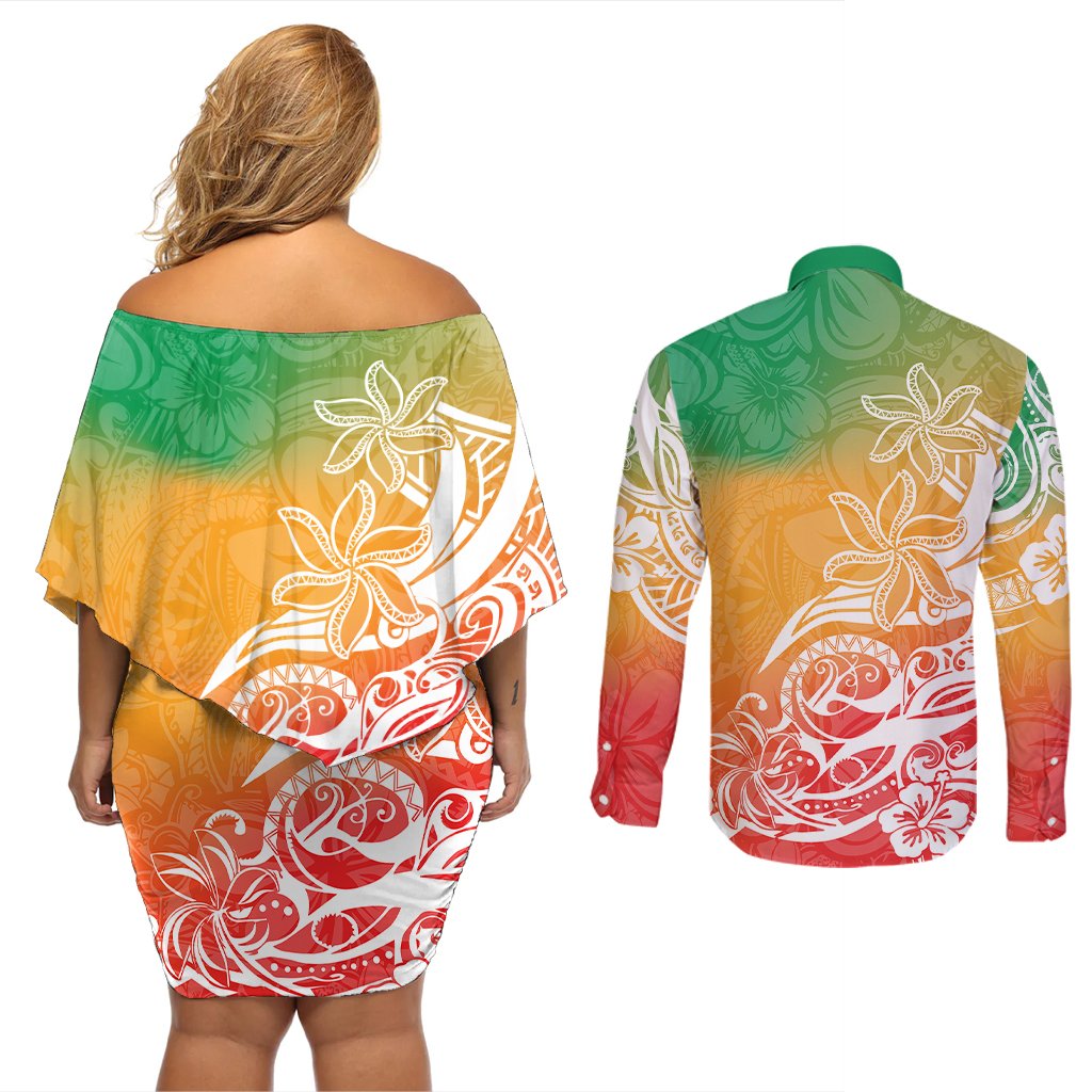 Polynesian Sunset Plumeria Couples Matching Off Shoulder Short Dress and Long Sleeve Button Shirts Pacific Island Tribal Reggae Style LT9 - Polynesian Pride