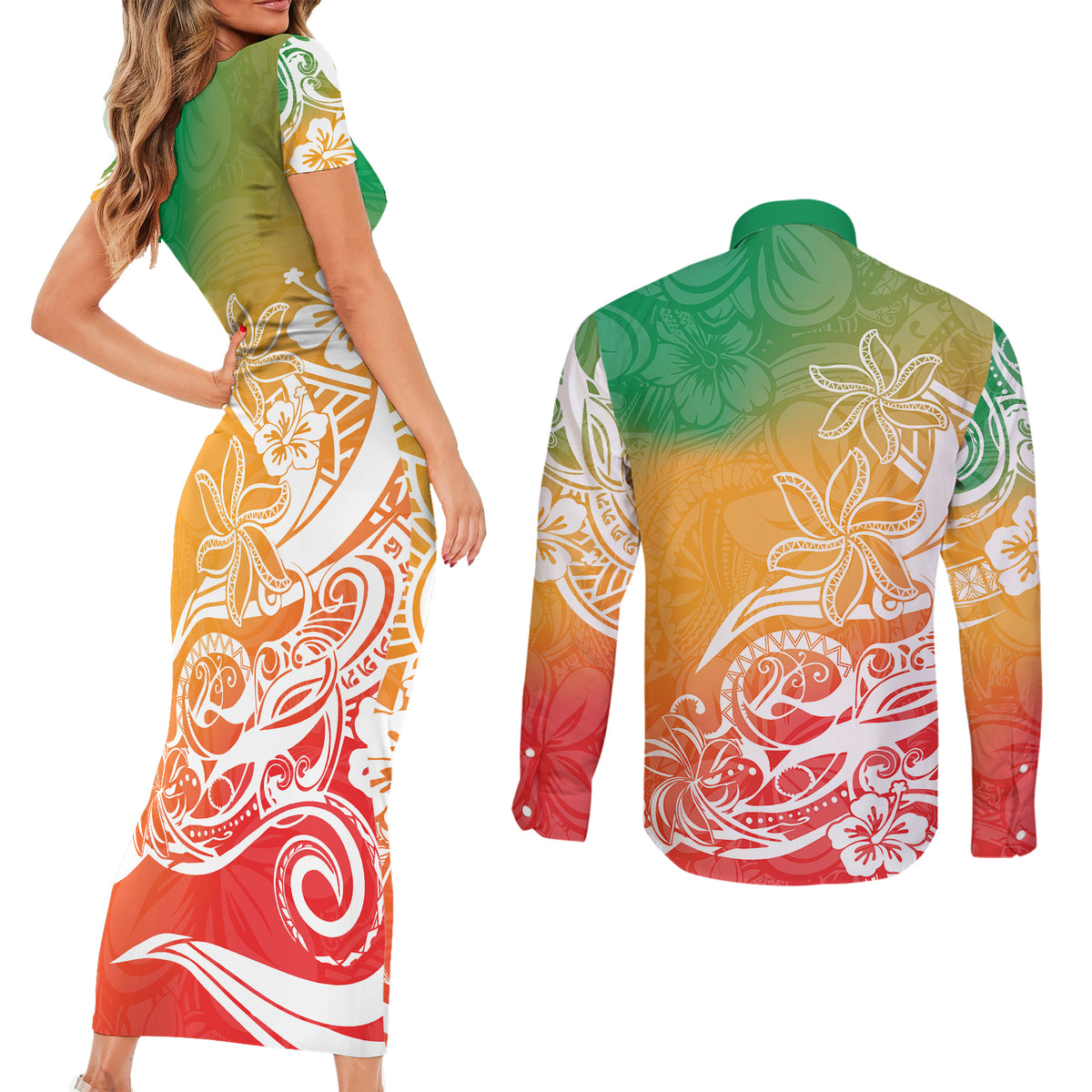 Polynesian Sunset Plumeria Couples Matching Short Sleeve Bodycon Dress and Long Sleeve Button Shirts Pacific Island Tribal Reggae Style LT9 - Polynesian Pride