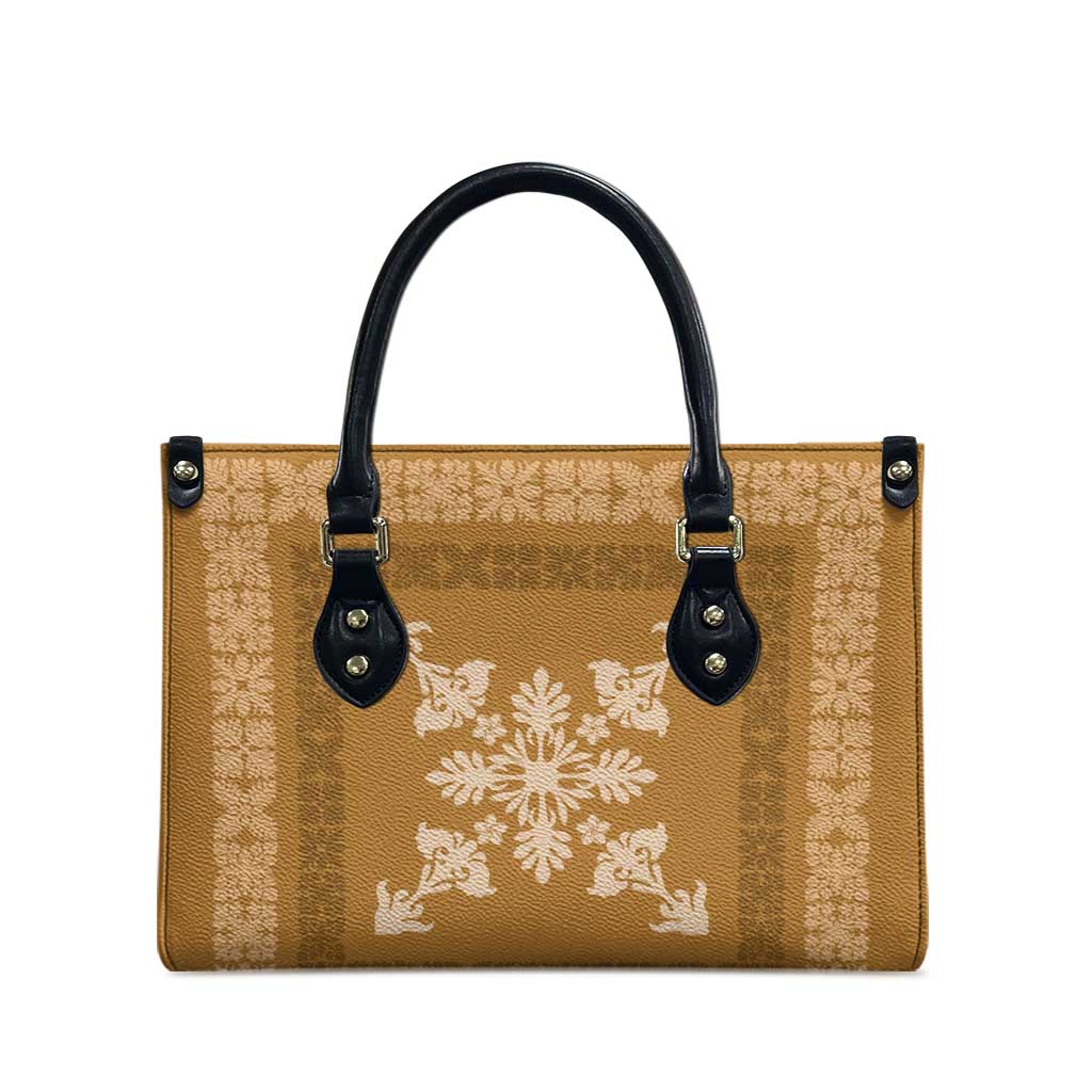Hawaiian Quilt Block Design Leather Bag Gold Hawaii Culture Motifs - Polynesian Pride