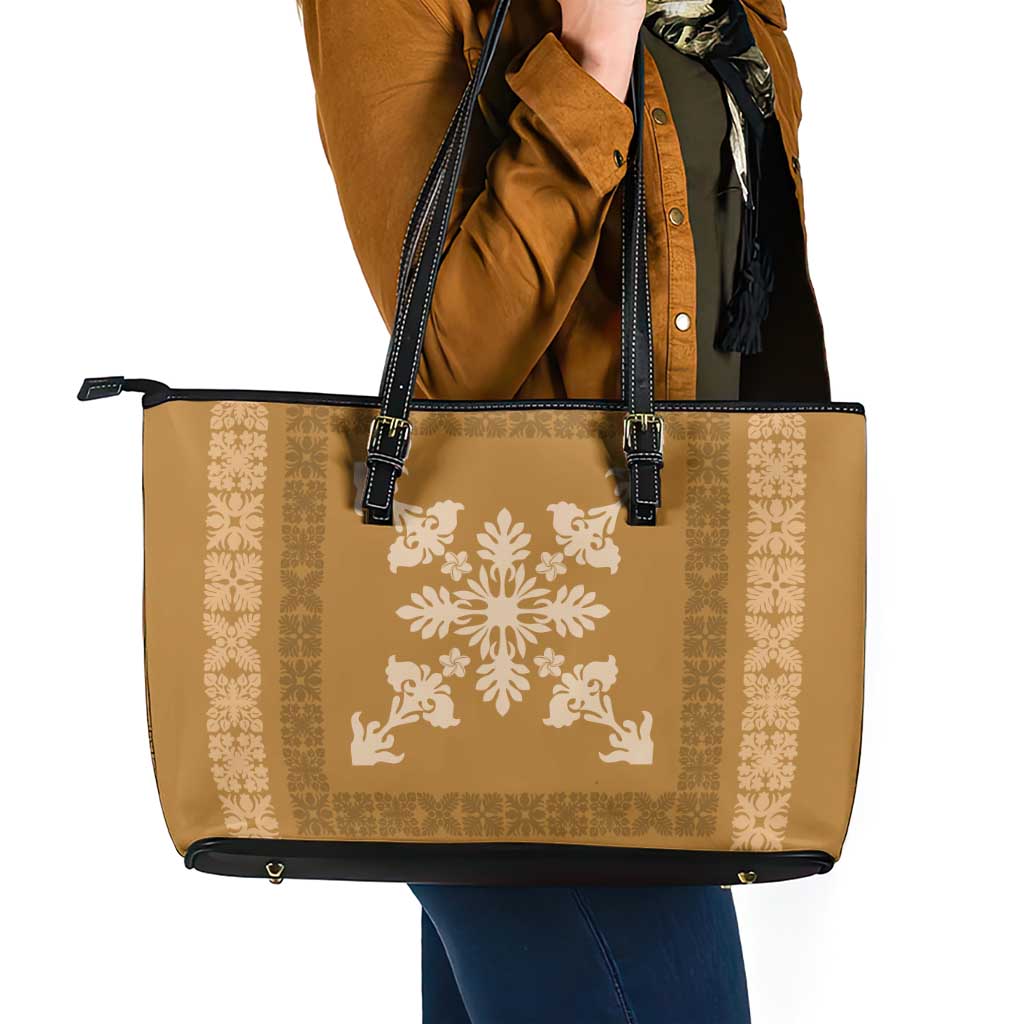 Hawaiian Quilt Block Design Leather Tote Bag Gold Hawaii Culture Motifs - Polynesian Pride