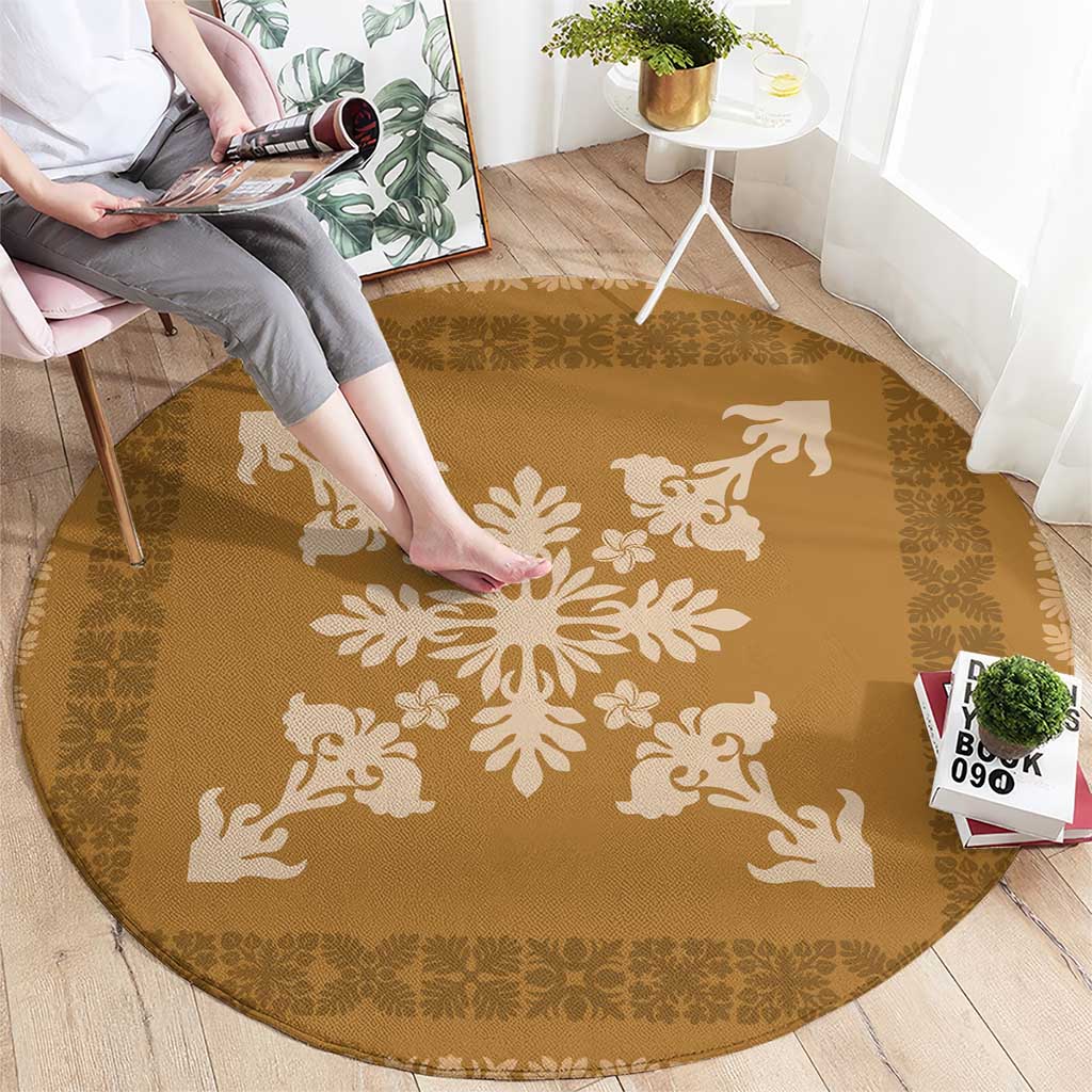 Hawaiian Quilt Block Design Round Carpet Gold Hawaii Culture Motifs - Polynesian Pride