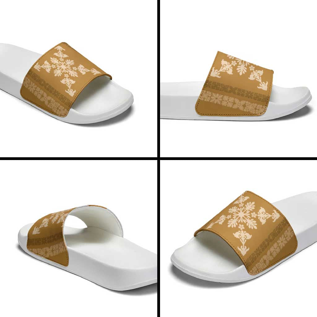 Hawaiian Quilt Block Design Slide Sandals Gold Hawaii Culture Motifs - Polynesian Pride