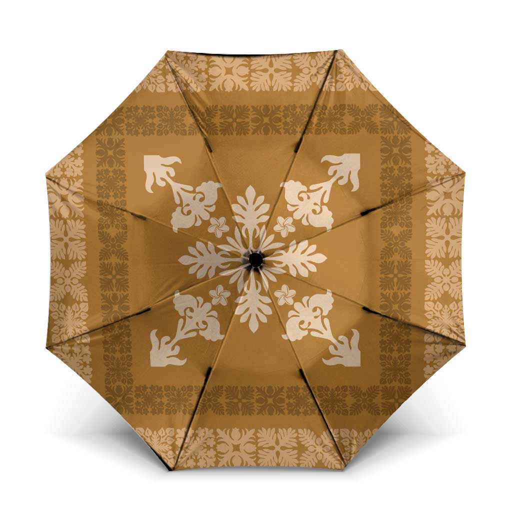 Hawaiian Quilt Block Design Umbrella Gold Hawaii Culture Motifs LT9 One Size Folded 11.42 inch Opened Diameter 37.4 inch Gold - Polynesian Pride